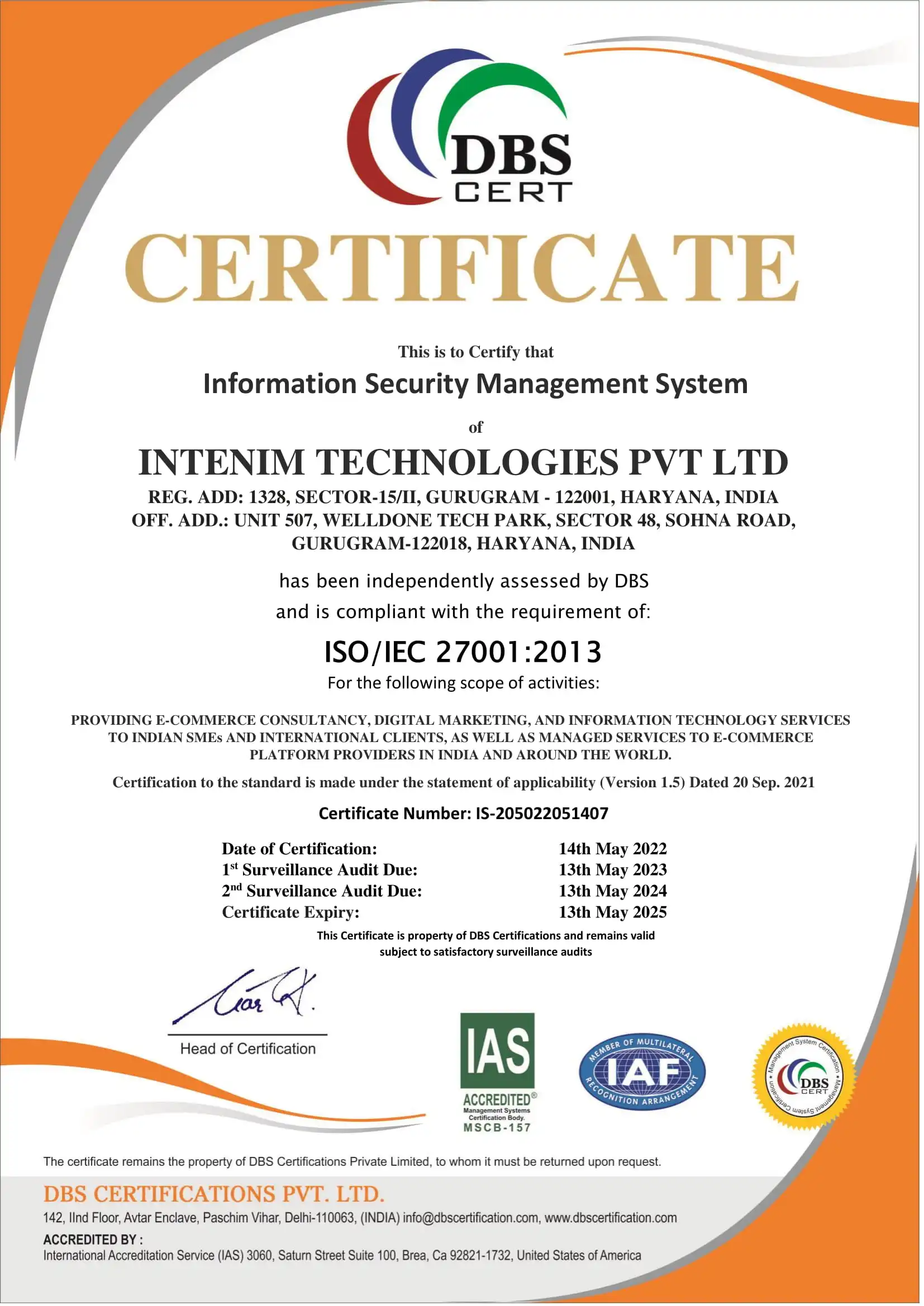 Certificate of Information Security Management System