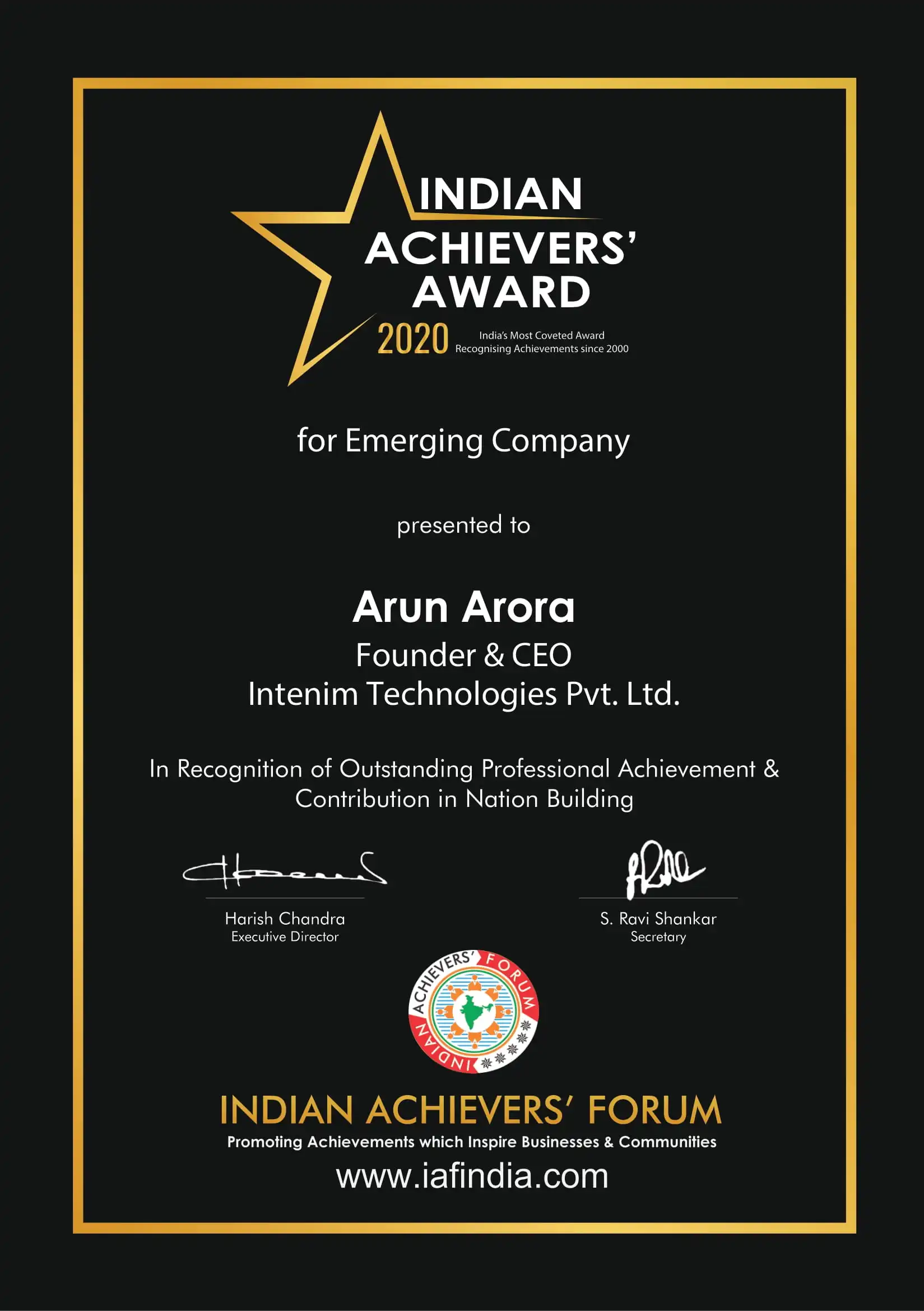 INDIAN ACHIEVERS' AWARD Certificate