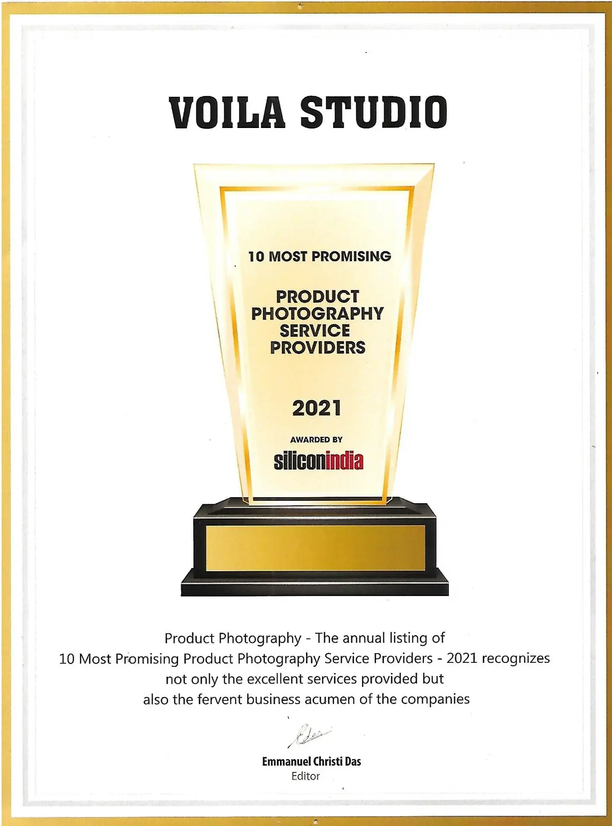 op 10 Most Promising Product Photography Service Provider 2021 Certificate by Slicon India