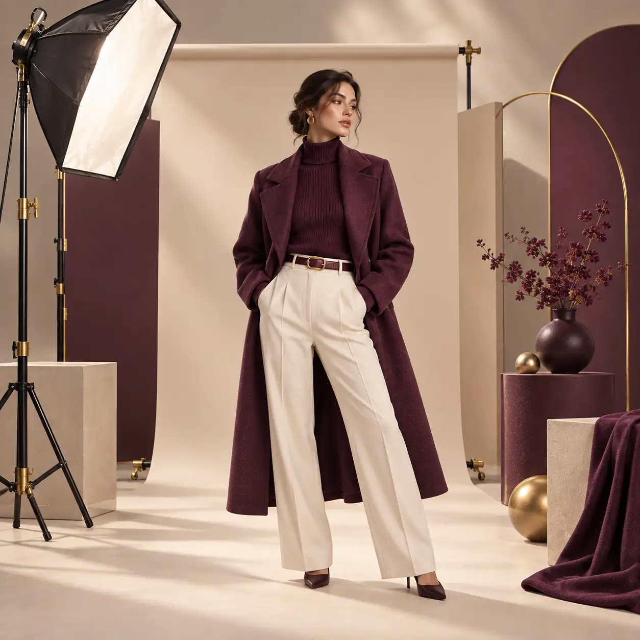 A fashion model photographed in a coordinated studio setting