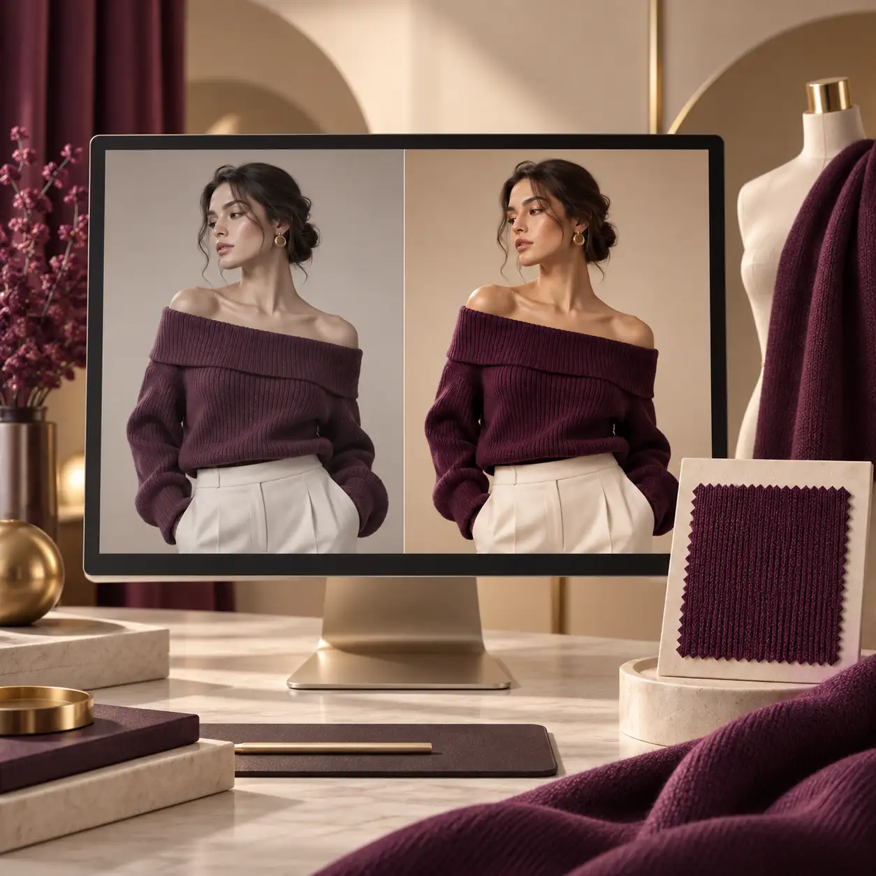 A before and after colour correction matched to real fabric
