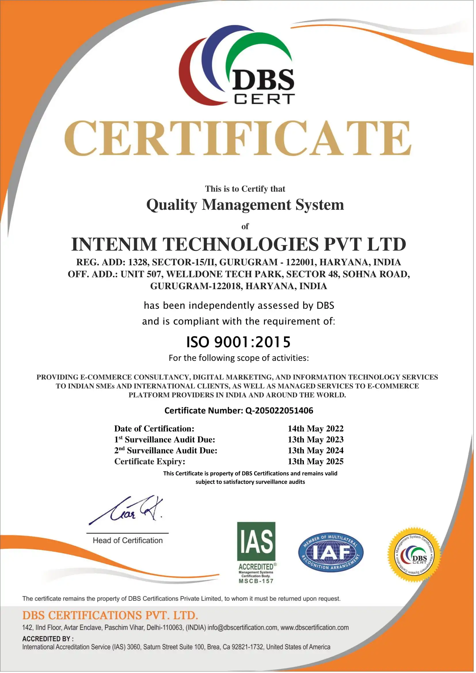 Certificate of Quality Management System